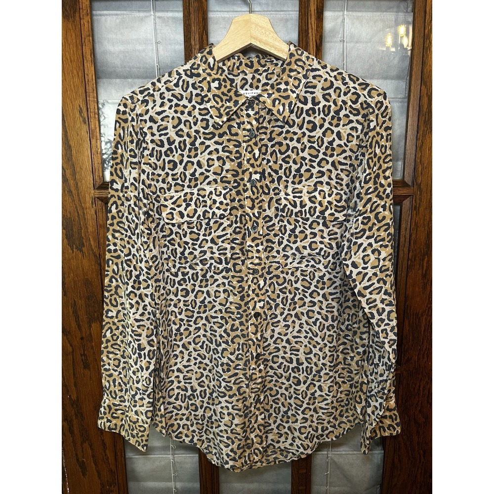 Equipment Femme Essential Long-Sleeve Leopard-Print Silk Blouse Size M